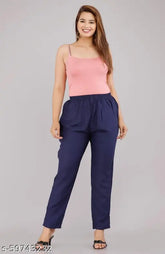 Rayon women's nightdresses set, dark blue ancel pant with pockets for comfortable sleepwear in various sizes (40, 42, 44, 46)